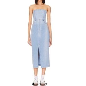 FREE PEOPLE Strapless Denim Midi Dress | Light Wash Front Slit‎
